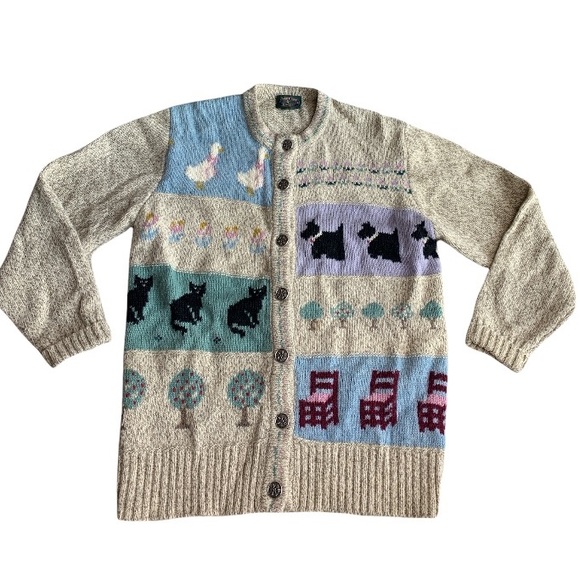 Vtg Charter Club Cottagecore Patched Duck Dog Cat Tree Chair Flower Wool Sweater - Picture 1 of 7